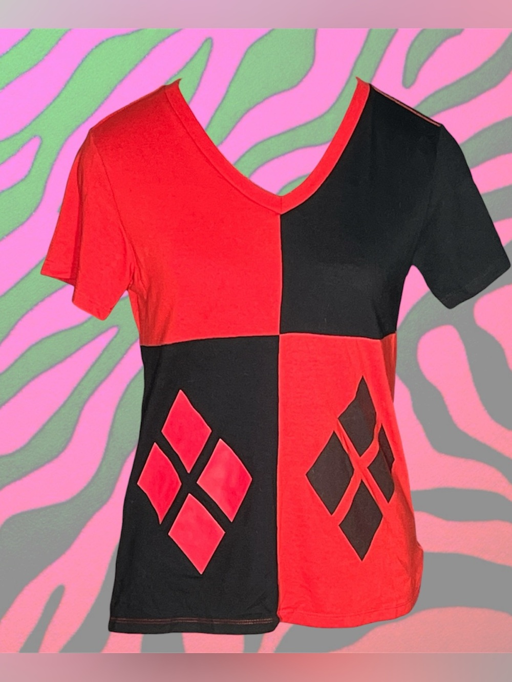 Harley Quinn two tone black and red harlequin shirt
